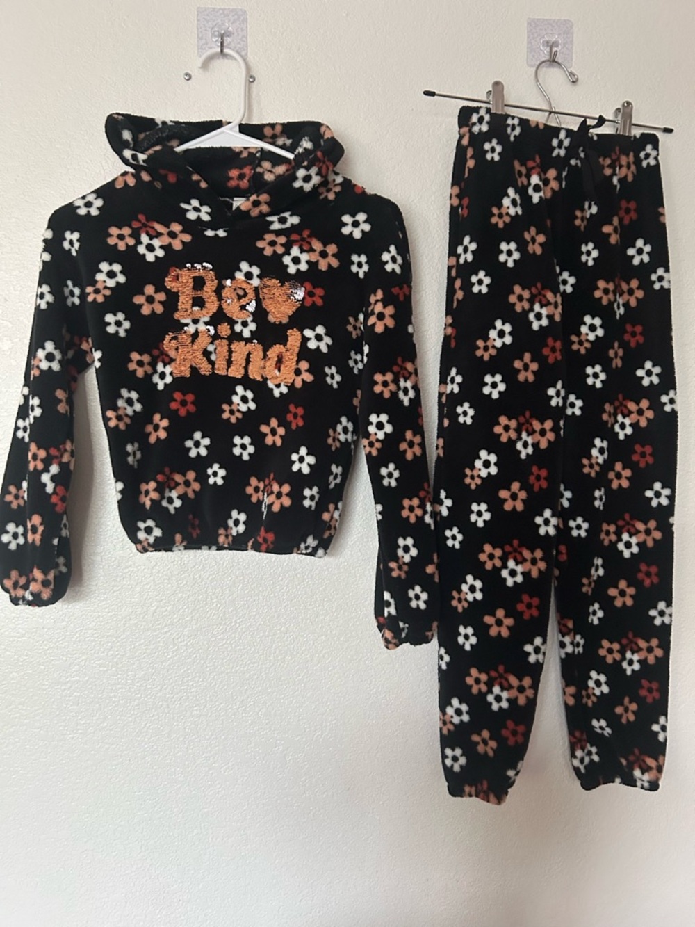 Lily Bleu Black Fleece Top with Cream and Rust Floral Print